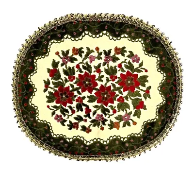 Floral Cut Velvet Tapestry Oval Table Doily Green Red MCM -  15  X 13  Vintage • $16.99