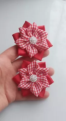 2 X School Hair Bow Bobbles School Uniform Bow Red White Tartan Hair Bow  7 Cm • £4.49