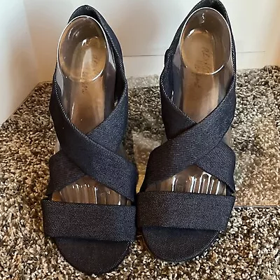 Dexflex Comfort Denim Fabric Wedge Sandals  ~ Size 10 Women Strappy • $11.95