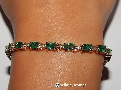 14k Solid Yellow Gold Effy 4.00 Tcw Emerald & Diamond Tennis Bracelet  7 Inch • £1423.02
