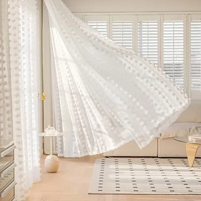 White Voile Sheer Curtains Panel Living Room Slot Top Pompom Drapes Net Valance • £15.47