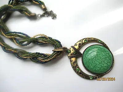 VIntage 1990's Green Victorian Revival Etruscan Rhinestone Silk Cord Necklace • $17.99