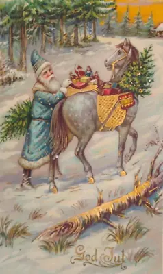 Santa Claus Blue Robe Horse Gilt Gel Antique Vintage Christmas Postcard Germany • $39.99