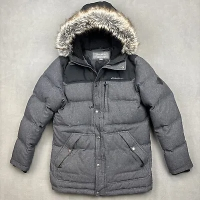Eddie Bauer Mens L  Superior Down Parka Faux Fur Hooded Insulated Winter Jacket • $74.99