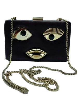 $26.95 • Buy Zara Clutch Handbag Purse Gold Accents Face Eyes Mouth Design Chain Strap Read