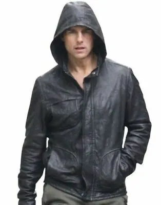 Ghost Protocol Mission Impossible Black Men's Hooded Movie Real Leather Jacket • $94.99