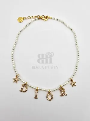 Dior Pearl Crystal Star Charm Necklace Choker Gold • £225