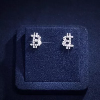 1 Ct Round Cut Natural Moissanite BITCOIN SIGN Stud Earrings 925 Sterling Silver • $118.49