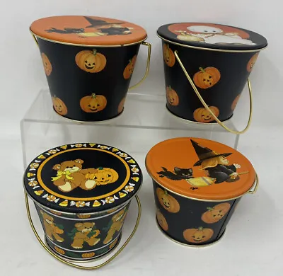Halloween Enesco Candy Tin Pails Lucy Riggs Ghost Witch Bears Lot Of 4 Vtg 1980s • $17.95
