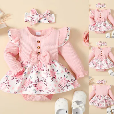 Newborn Baby Girls Floral Ribbed Romper Dress Heandband Set Outfits Clothes UK • £8.69