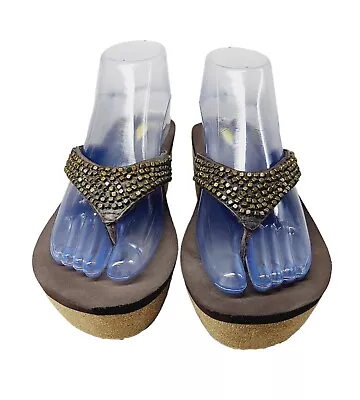 Volatile Women's Size 7 Wedge Metallic Rhinestone Brown Flip Flop Thong Sandals • $27.95