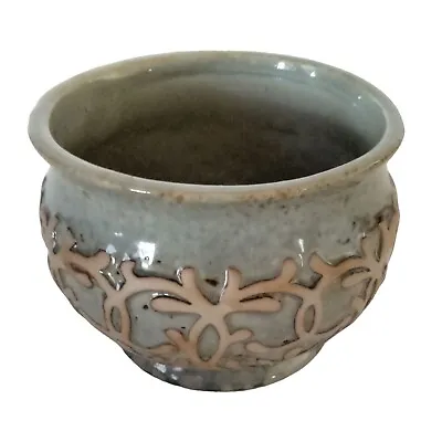 Napco Planter Flower Pot Aqua Brown Raised Design Art Deco 6 Inch • $14.99