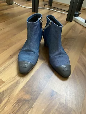 £265 • Buy Chanel Denim Blue Ankle Boots With Grey Leather Tips Sz 39/UK 6