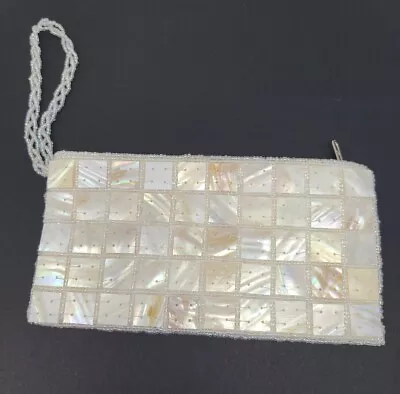 Vintage Mother Of Pearl & Glass Beaded Small Wristlet Clutch Purse • $22