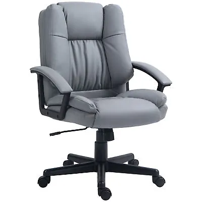 HOMCOM Faux Leather Home Office Chair Mid Back Desk Chair With Arms Light Grey • £59.99
