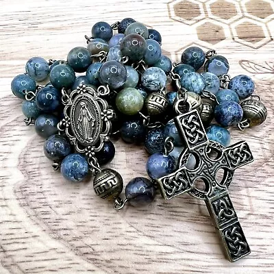 Handmade In Scotland Celtic Moss Agate Rosary Beads Catholic Christian Crucifix • £49