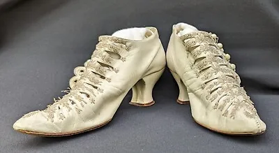 $225 • Buy Victorian 19th C White Kid Leather High Heel Shoes W Beading + Cutouts