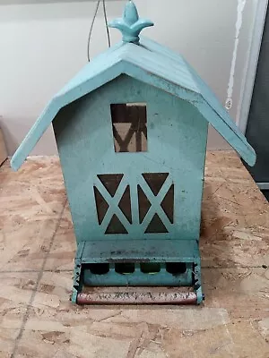 Vintage Baby Blue Metal Barn Squirrel Guard Bird Feeder Yard Garden Art • $34