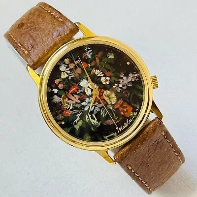 Vintage Malibu Floral Impressionist Painting Women's Gold Watch Brown Leather • $29.95