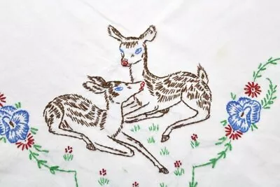 Vintage Hand Embroidered Tablecloth Deer Woodland Animal Cotton Table Topper • $59.99