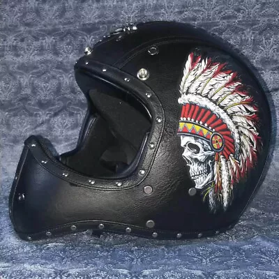 Motorcycle Helmet Full Face Deluxe Leather Indian Feather Street Cruiser Racing • $129.99