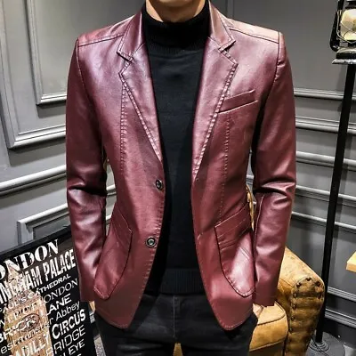 Men's Leather Jacket Slim Fit Two Button Blazer Business Lapel Coat Casual Party • $24.13