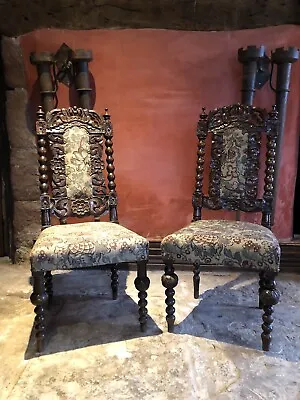 Pair Antique Hand Carved Oak Victorian Jacobean Throne  Crown Hall Chairs X 2 • £499