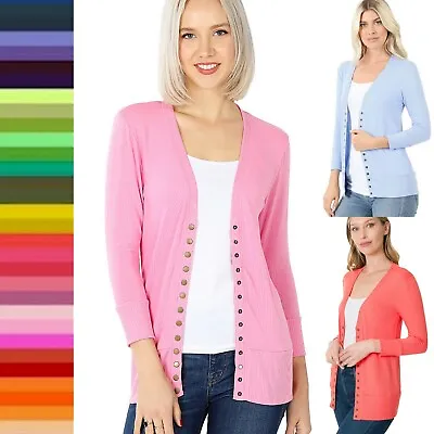 Women's 3/4 Sleeve Snap Button Front Ribbed Detail V Neck Sweater Cardigan • $13.95