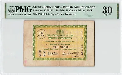 STRAITS SETTLEMENTS 10 Cents 1920 P-6c PMG 30 VF Very Fine Popular Type • $348