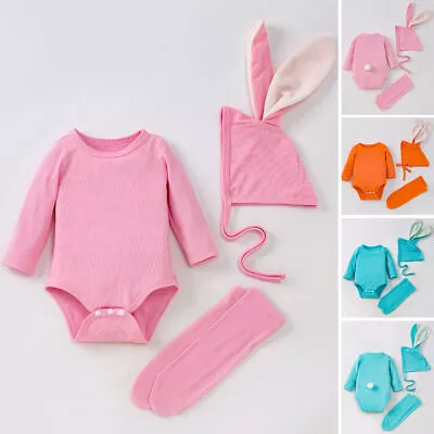 Infant Baby Girl Boy Cute Rabbit Ear Hat + Romper + Socks Outfits Easter Costume • £10.99