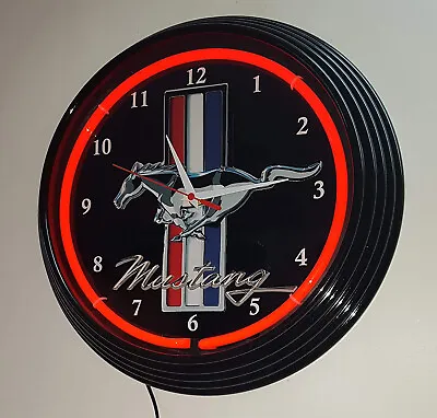 MUSTANG BLACK BADGE SIGN 15  RED Neon Clock BLACK Framed Garage Man Cave Bar • $99.99