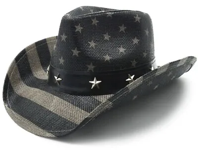 Mens American Flag Cowboy Hat Black White Stars Stripes Western Hat • $19.88