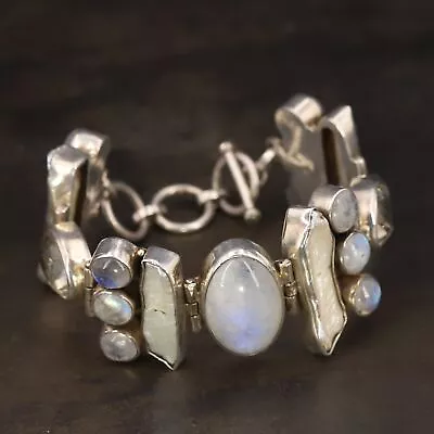 VTG Sterling Silver INDIA Rainbow Moonstone & Freshwater Pearl 7.5  Bracelet 52g • $43