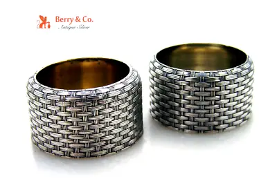 Basket Weave Open Salt Dishes Pair Whiting 1875 Sterling Silver Mono P • $250.75