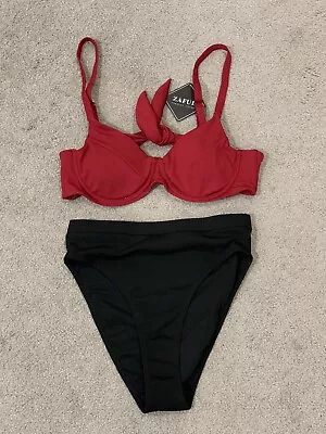 Zaful Bikini 2 Pc Swimsuit Womens Size Medium Black Burgundy Underwire Rib Knit • $19.94