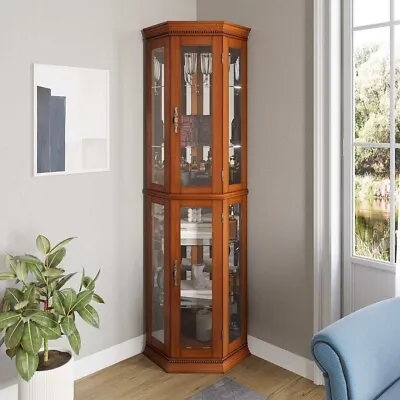 Bellize Oak 6 Shelf Lighted Curio Display Case Mirrored Cabinet • $399.90