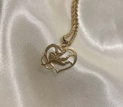 Vintage 9ct Angel Cupid Cherub Heart 9k Yellow Gold Pendant / Charm • £120