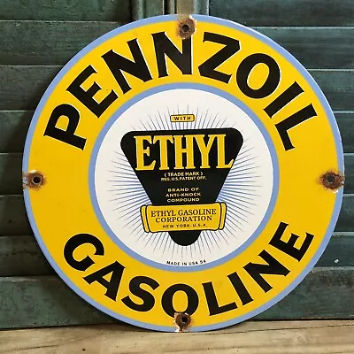 Vintage 1954 Dated Pennzoil Ethyl Gasoline Motor Oil Porcelain Gas Pump Sign • $29.99