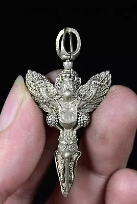 5.5CM Rare Old China Miao Silver Redpoll Winged Buddha Faqi Necklace Pendant • $15