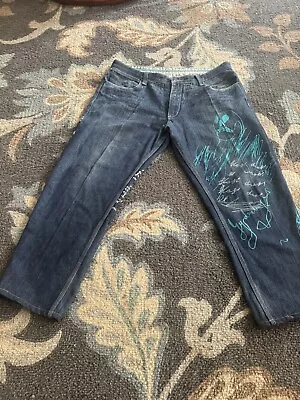 Artful Dodger Embroidered Jeans Size 38 X 24 Crop Hemmed Denim Baggy • $65