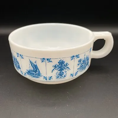 Vintage Delft Style Blue White Milk Glass Soup Mug - Boat House Fleur De Lis • $10