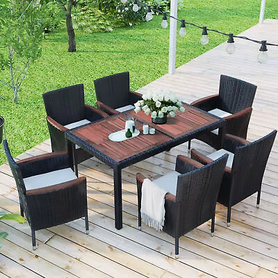 7PC Patio Dining Table Set Outdoor Wicker Furniture Wood Table Top 6Chairs Black • $625.99