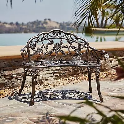 Garden 31 H Bench Chair Porch Park Cast Aluminum Outdoor Garden Rose Bronze • $84.99