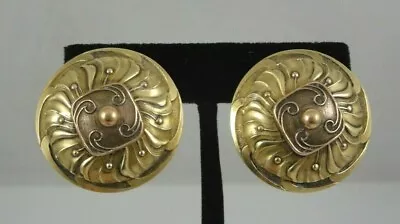 Vintage MB SF Marjorie Baer Round 1-1/4  Brass Copper Mixed Metal Clip Earrings • $21