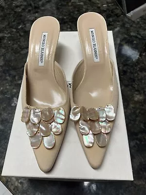 MANOLO BLAHNIK  Embellished Nude Satin Kitten Heel BRAND NEW  Sz 37 1/2 • $485