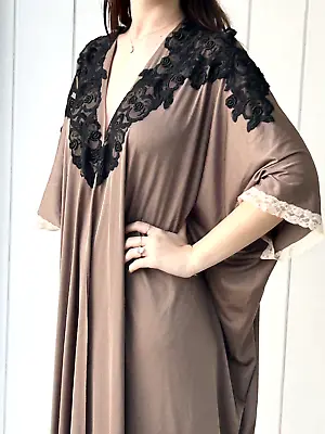 Vintage Lucie Ann Nightgown P Lace Trim Hand Customized Mumu Nightie Brown • $59.85