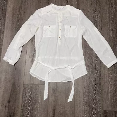 CALVIN KLEIN Sheer White Blouse W/Tie 1/2 Button Up Size M Medium WOMEN • $29.95