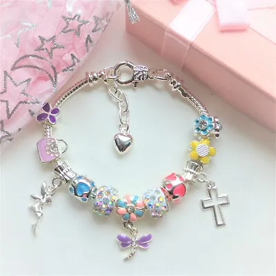 Charm Bracelet Silver Mix Of Charms Fairy Tinkerbell Cross Dragon Fly Kids Child • £9.90