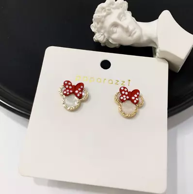 Gold Red Bow Knot Disney Mickey Minnie Mouse CZ Shell Stud Earrings • $9.99