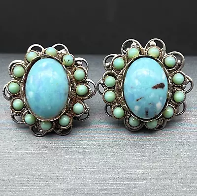 Vintage Silver Turquoise Cabochon Beaded Cluster Screw Back Earrings Non Pierced • $14.49